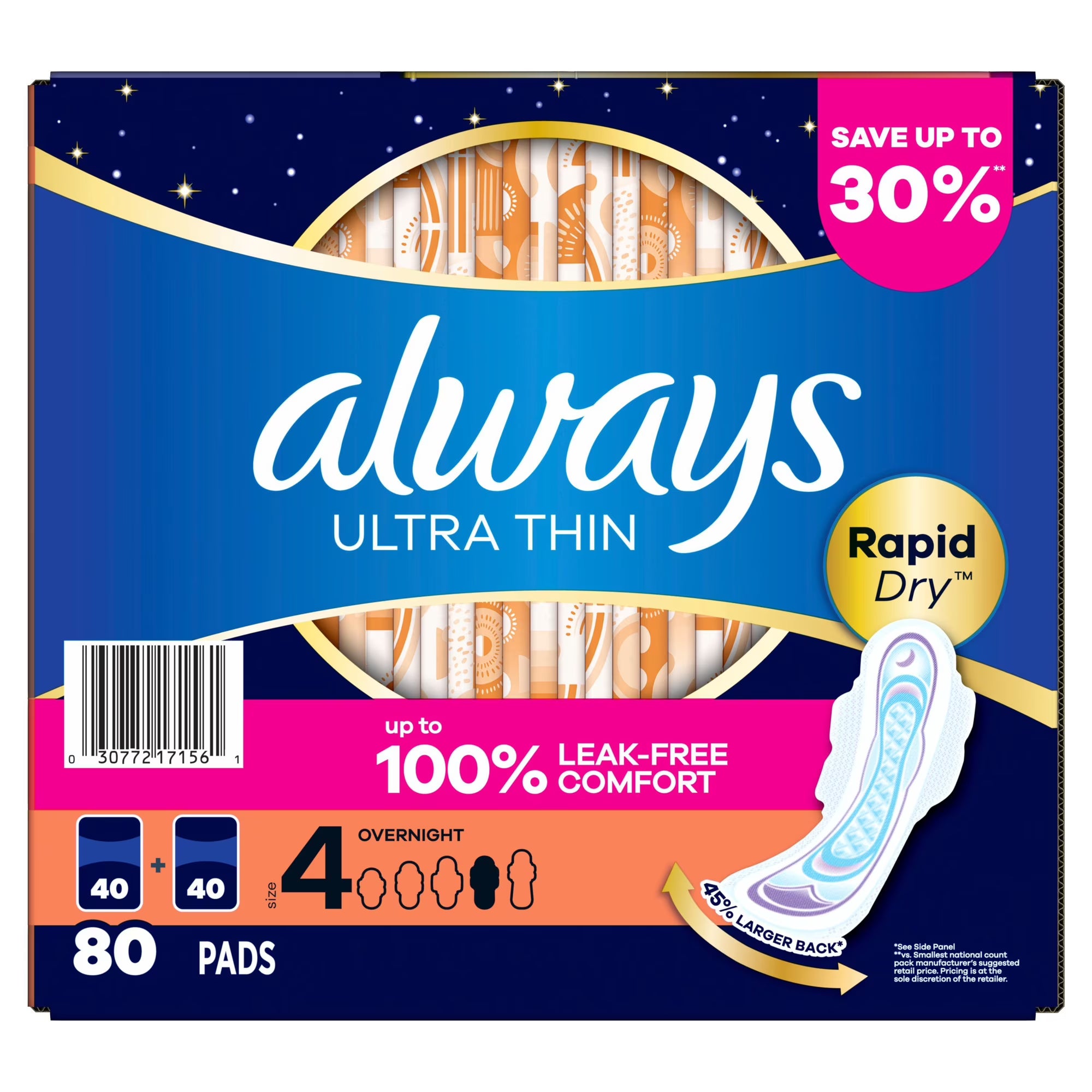 Always Ultra Thin Overnight Pads with Wings, Size # 4 (80 count)